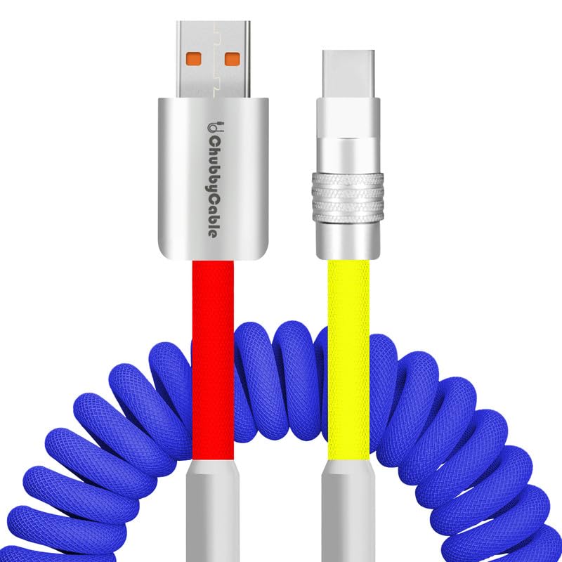 Dynamic Curly Chubby Coiled USB C Cable: 240 W Fast Charge Retractable Spiral Braid Cord for Carplay & Android Auto, Versatile Length 2.29 FT to 3.6 FT, Sleek Black and Red Design, Enhanced Compatibility for All USB-A to Type-C Devices