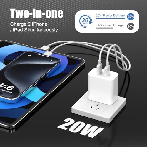 Rapid Charge Dual-Port 20 W USB C Adapter with 10 FT Cable – Essential Fast Charging Hub for i Phone 16 Series, i Pad Pro & Samsung Galaxy – Compact Travel-Friendly Power Solution for Multi-Device Use