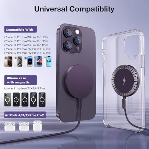 Magnetic Wireless Charging Pad for i Phone 16, 15, 14, 13, 12 & Air Pods 4-2 Pro – Ultra-Thin Aluminum Alloy Design with Strong Magnet for Secure Connection, USB-C/A Compatibility, Perfect for Desk & Travel – Elevate Your Charging Experience with Effortless Convenience and Style
