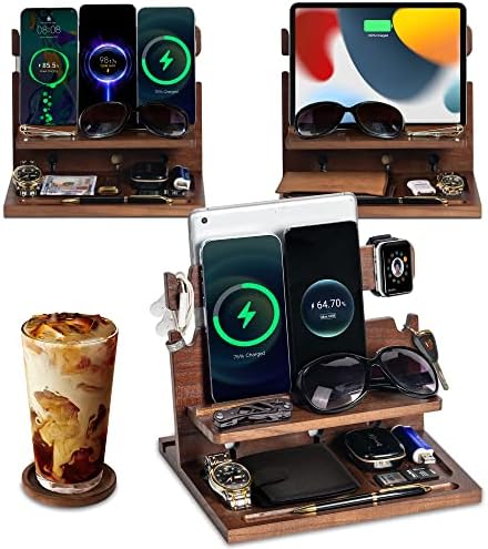 Premium Black Wood Multi-Device Docking Station – Sleek Nightstand Organizer with Hidden Drawer for Valuables, Ideal for Phones, Tablets, Apple Watch, Keys, and EDC Essentials – Streamlined Charging and Elegant Design for Home or Office