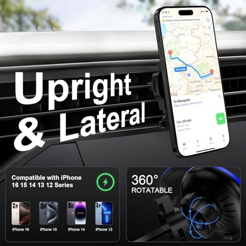 15 W Magnetic Wireless Car Charger – Fast Charging Mag Safe Car Mount Holder for i Phone 12-16 & Samsung Galaxy S23-S25 Ultra – Optimized Air Vent Design for Safety & Convenience