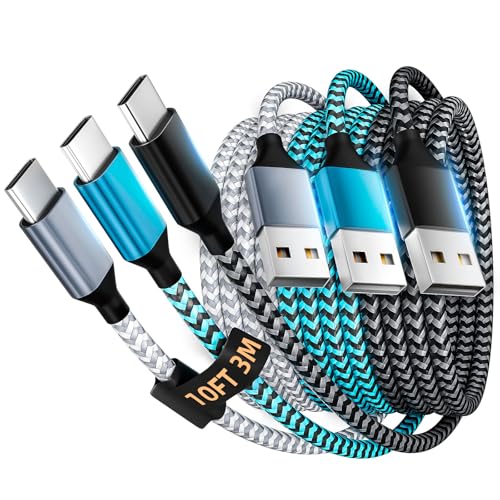 10 FT USB to USB C Fast Charging Cables – 3-Pack of Durable Type C to USB A Charger Cords for i Phone 16/15, i Pad, Galaxy S25/S24/S23/S22 – Enhanced 3.1 A Speed & Long Reach for Ultimate Convenience and Compatibility