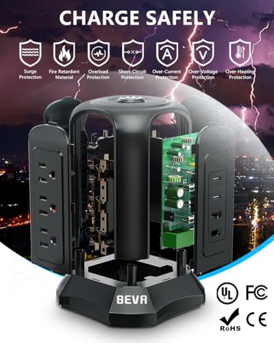 BEVA Tower Surge Protector Power Strip: 9 AC Outlets & 4 Fast-Charging USB Ports for Ultimate Device Connectivity, 6.5 FT 18 AWG Extension Cord with 3-Prong Flat Plug – Ideal Desk Charging Station for Office, Dorm & Home Use, Ensuring Safety & Efficiency