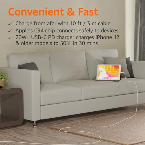 Premium 10 ft MFi Certified USB-C to Lightning Charging Cable for Apple i Phone – High-Speed Nylon Braided Design for Ultimate Durability and Flexibility – Fast Charge & Data Sync Capability in Sleek White Finish