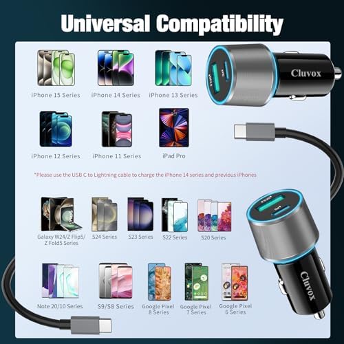 Dual Port 38 W USB-C Car Charger (2 Pack) – Fast Charge Your i Phone 16 Pro/Max/Plus & Samsung Galaxy S25/S24/S23 with 20 W PD & 18 W QC – Includes 3.3 FT Type C Cable – Sleek Black Design for Enhanced Compatibility and Efficiency, Perfect for Road Trips and Daily Commutes