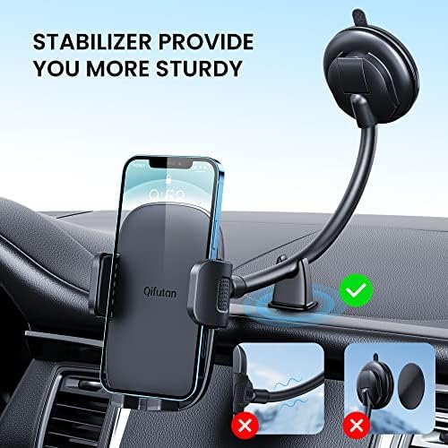 Qifutan Premium Anti-Shake Car Phone Holder with Long Arm Design – Universal Dashboard & Windshield Mount for All Smartphones, Enhanced Stability & Safety for Hands-Free Driving, Black