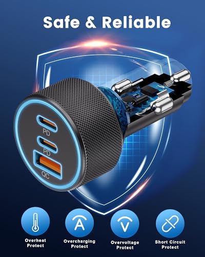 Ultimate 3-Port USB C Car Charger – 67 W High-Speed Dual USB-C & USB-A Adapter for i Phone 16/15/14/13/12/11/Pro Max, Samsung Galaxy S25/S24/S23/S22/S21, Pixel & Android Devices – Rapid PD/QC Charging with Safety Features for Road Trips and Daily Commutes