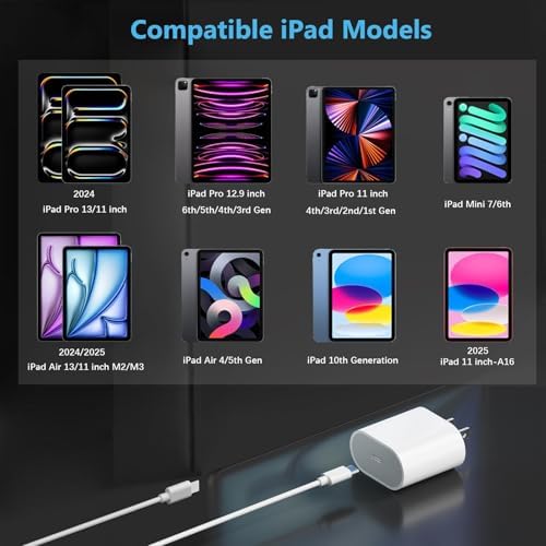 20 W USB-C Fast Charger for i Pad Pro, Air & Mini – Ultimate PD Wall Charger with 6.6 ft USB-C to C Cable for Rapid Charging Across All Generations, Compact Design for On-the-Go Power Solutions, Enhanced Safety Features to Prevent Overheating