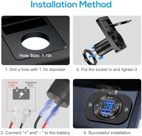 Linkstyle 12 V USB Outlet with Dual 18 W QC3.0 USB-A and Dual 30 W PD Type-C Ports – Fast Charging Car Socket with LED Voltmeter for RVs and Boats, Ultimate Device Compatibility and Travel Durability
