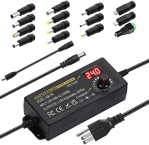 Versatile Universal Power Supply Adapter: 3 V to 24 V AC/DC Converter with 3 A Output, 72 W Power Capacity, and 14 Interchangeable Tips – Ideal for LED Strip Lighting, Printers, and Audio Equipment – Optimized for Maximum Device Compatibility and Efficiency