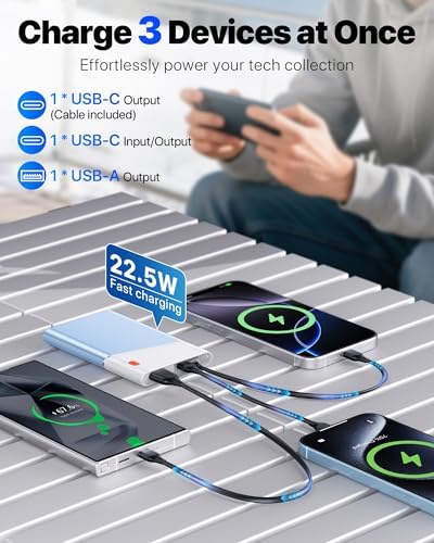 Ultra-Slim 10000 m Ah Power Bank with 22.5 W PD Fast Charging – Built-in USB-C Cable for i Phone 16/15/14, Samsung S24 & More – Lightweight Travel Essential with 15-Layer Safety Protection & Multiple Device Charging Capability