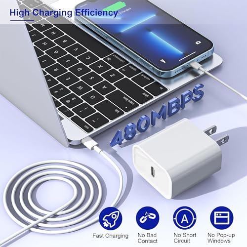 Rapid 20 W PD USB-C Wall Charger with Dual 6 FT Type C to Lightning Cables – Fast Charging Solution for i Phone 14/13/12 Pro Max, 11, XS, XR, X, 8 & Plus – Enhanced Speed and Durability for Everyday Use and Travel – MFi Certified Accessories for Reliable Performance