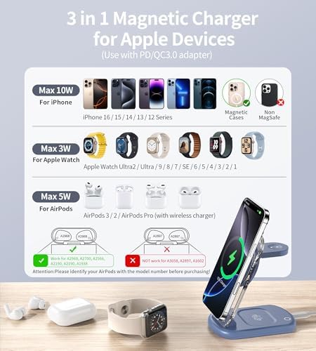 Ultimate 3-in-1 Magnetic Wireless Charging Station for Apple: Fast, Foldable Mag-Safe Charger with Night Light for i Phone 16/15/14/13/12, Apple Watch & Air Pods Pro – Travel-Ready, Enhanced Compatibility, and Rapid Charging Solution