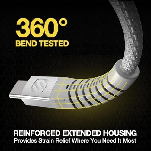 Scosche Strikeline 6 ft Premium USB-C Right-Angle Braided Charging Cable – Fast Charge & Sync for Enhanced Device Compatibility – Sleek White/Silver Design for Gamers & Professionals
