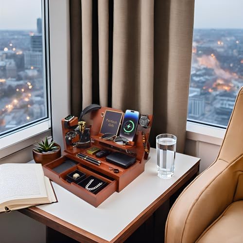 Nightstand Organizer for Men with Large Drawer, Birthday Gifts for Men, Phone Docking Station, Bedside Organizer for Nightstand for Apple Watch, Laptop (Brown, Solid Wood) – Enhanced Compatibility and Speed