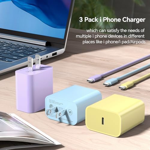 Vibrant 3-Pack 20 W USB-C Fast Charging Blocks with 10 FT Cables for i Phone 16/15 Pro/Max & i Pad – Stylish Efficiency & Enhanced Compatibility in Blue & Purple
