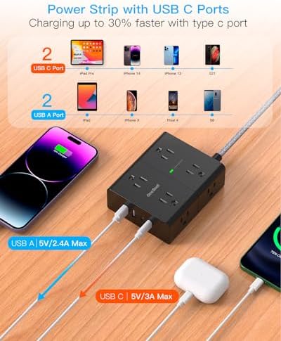 Versatile Surge Protector Power Strip with 8 AC Outlets & 4 USB Ports (2 USB-C), 6 Ft Flat Plug Extension Cord, 1080 Joules Safety Rating, Wall Mountable Charging Station for Home, Office, and Dorm – Streamlined Device Management & Fast Charging Enhanced