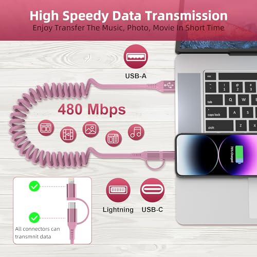 Revolutionary 2-in-1 Coiled USB to USB-C & Lightning Cable – MFi Certified for Fast Charging & Data Sync – Compatible with Apple Carplay & Android Auto – Stylish Pink Design for i Phone 16/15/14/13 & Android Devices – Tangle-Free Convenience for Modern Users
