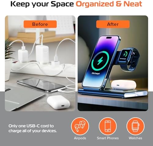 Spracht Flex Charge 3-in-1 Portable Charging Station – 25 W Fast Wireless Charger for Smartphones, Smartwatches, and Earbuds with Integrated Night Light – Foldable Travel-Friendly Design for Enhanced Device Compatibility – Sleek Black Finish for Home and On-the-Go Power Solutions