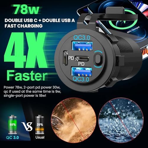 12 V Waterproof USB Charger with 4 Quick Charge 3.0 Ports – Essential Multi-Port Outlet for Marine, RV, Motorcycle & Golf Cart – Reliable Power Solution with Integrated Switch for Enhanced Device Compatibility