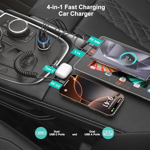 4-Port Fast Charging Car Charger for i Phone 16 & 15 Pro Max – Besgoods USB-C Adapter with Integrated Voltmeter & 3 ft Retractable Cable for Galaxy S24 & A15 Android – Ultimate Travel Charging Solution