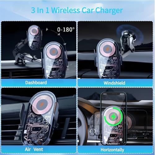 Revolutionize Your Commute with the Vidroxin 3-in-1 Fast Charging Wireless Car Charger – Magnetic Phone Holder with Auto-Clamping for Ultimate Convenience and Secure Mounting on Dashboard, Windshield, or Air Vent – Superior Compatibility for All Qi-Enabled Devices