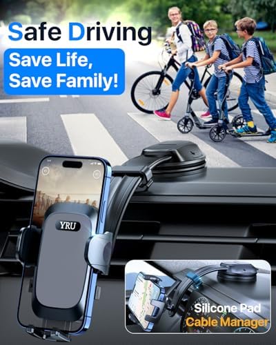 YRU 2025 Premium Adjustable Car Phone Holder Mount – Versatile Bendable Aluminum Arm for Secure Dashboard & Windshield Positioning – Universal Compatibility for i Phone 16, 15, 14, 13 Pro Max, Samsung & More – Sleek Black Design for Modern Vehicles – Effortless Tool-Free Installation – Enhance Navigation & Hands-Free Calling Experience