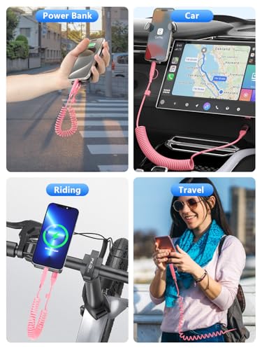 Versatile 4-in-1 Coiled USB C and Lightning Cable for i Phone 15 and 16 – 3 FT Fast Charging Car Charger Cord with 60 W Power Output, Stylish Pink Design, Compatible with Car Play and Android Auto for Ultimate Convenience and Enhanced Connectivity