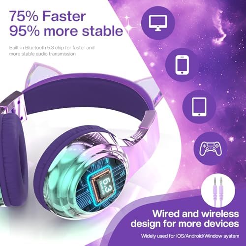 Elevate Your Child’s Listening Experience with Qear Fun Purple Cat Ear Bluetooth Headphones – 60 Hours of Playtime, Safe Volume Control (74/85/94 d B), Ultra-Portable Foldable Design, Advanced Bluetooth 5.3 Connectivity, and Built-in Mic for Girls – Perfect for School, Travel, and On-the-Go Fun