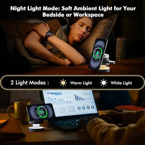 Ultimate 3-in-1 Wireless Charging Hub with Integrated Night Light – Fast 15 W Charger for i Phone 16/15/14 & Air Pods, 2.5 W Apple Watch Ultra Compatible with Foldable Magnetic Stand for Optimal Viewing – Perfect for Home or Office Use