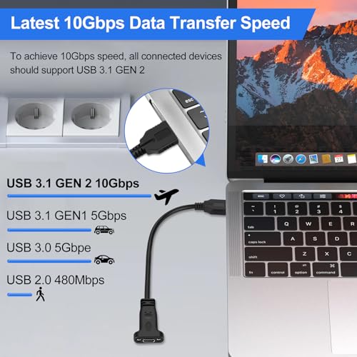USB Type C 3.1 Panel Mount Adapter Cable 0.6FT, USB C Gen 2 Male to Female 10Gbps Data Cable with Mount Screw for MacBook Tablet, Mobile Phone, Hard Disk Drive – Enhanced Compatibility and Speed