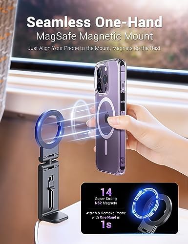 PROfezzion Magnetic Airplane Phone Holder for MagSafe, iPhone 16, 15, 14, 13, 12 & All Phones, Handsfree Phone Mount for Seat Tray Table, Pocket Size Travel Essentials Must Have Accessories for Flying – Enhanced Compatibility and Speed