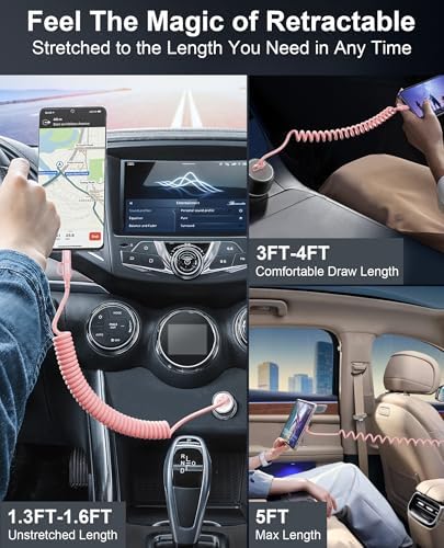 Stylish 2-in-1 Coiled Pink USB-C & Lightning Car Charger – Rapid Charging for i Phone 16/15/14 & Android Devices, Compact Design for Seamless Travel with Apple Car Play & Android Auto Compatibility, Perfect for On-the-Go Power Needs