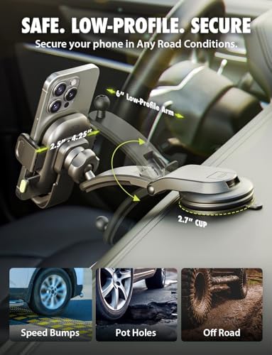 Universal Dashboard Cell Phone Holder by Bracketron – 360° Rotatable Mount with Strong Suction Cup for Secure Smartphone Access in Any Vehicle – Compatible with i Phone, Samsung, Google, Huawei and More – Effortless One-Click Release for Enhanced Safety and Convenience