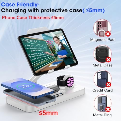 30 W Magnetic Wireless Charging Station with 12-Hour Clock & 7 Color Ambient Light for Samsung Devices – Fast Charging Hub for Galaxy Tab, Galaxy S25 Ultra, Samsung Watch 7, and Galaxy Buds3 Pro – Portable, Foldable Design with Adjustable Tablet Stand for Travel – Comprehensive Safety Features for Optimal Performance