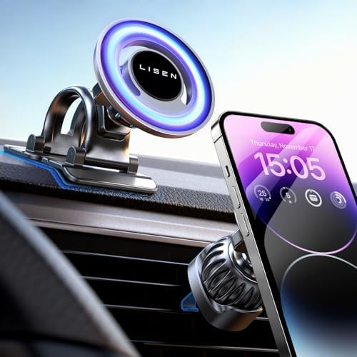 LISEN Mag Safe Car Phone Holder for i Phone 16-12 Pro Max – Strong Magnetic Dashboard & Vent Mount – Stylish Purple Design – Effortless Installation & Wireless Charging Support for Ultimate Driving Safety