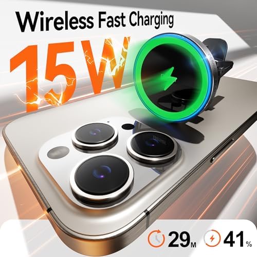 Magnetic Wireless Qi Charger & Car Mount for i Phone – Beser 15 W Mag Safe Holder, Sleek Aluminum Alloy Design, Versatile Dashboard/Vent Installation, Fast Charging for i Phone 16/15/14/13/12 Mini Pro Max – Enhance Your Driving Experience with Secure Grip and Hands-Free Navigation
