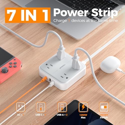 TESSAN Compact Flat Plug Surge Protector Power Strip with 4 AC Outlets and 3 Fast-Charging USB Ports – 5 ft Extension Cord for Office, Dorm, and Travel – 900 J Surge Protection for Enhanced Device Safety and Clutter-Free Organization