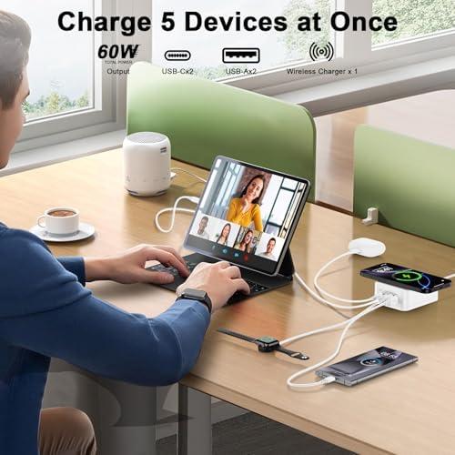 60 W Multi-Port USB Charging Hub with 15 W Wireless Charger – Ultimate Fast Charge Station for Samsung Galaxy S25, i Phone 16, i Pad & Pixel Devices – Sleek Desktop Organizer with 2 USB-A & 2 USB-C Ports for Enhanced Compatibility and Efficiency