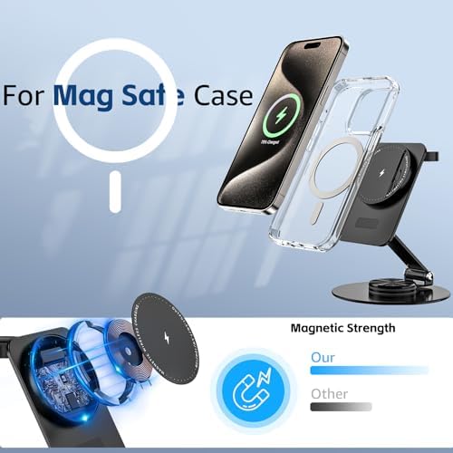 Foldable Magnetic Wireless Charger Stand – 2-in-1 Fast Charging Station for i Phone 16, 15, 14, 13, Apple Watch & Air Pods – Qi Certified 15 W Rapid Charger for Travel & Home Use – Sleek, Portable Design with Enhanced Compatibility and Efficiency
