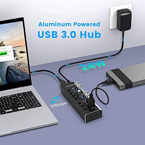 Elevate Your Connectivity with the Rosonway 7-Port Powered USB Hub – Ultra-Fast 10 Gbps Data Transfer, Dual USB-C 3.2 & Four USB 3.0 Ports, Individual Switches for Custom Control, Sleek Aluminum Design, Perfect for Laptops and PCs – RSH-A107 C, Maximize Productivity Effortlessly