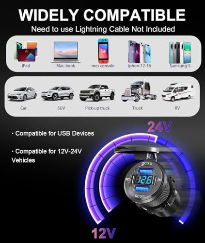 Powerful 78 W Quad-Port 12 V USB Charging Hub – Dual QC3.0 & PD3.0 Quick Charge Car Charger with Integrated Voltmeter, Waterproof Aluminum Alloy Design for Cars, Boats, RVs, ATVs, and More – Optimal Device Compatibility and Speed Enhancements