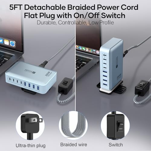 Transform Your Charging Routine with the 200 W 8-Port Fast Charging Hub – Multi-Device USB Station Featuring 65 W Laptop Adapter, Space-Saving Flat Plug, Durable Braided Cable, and User-Friendly On/Off Power Control for Optimal Performance and Safety