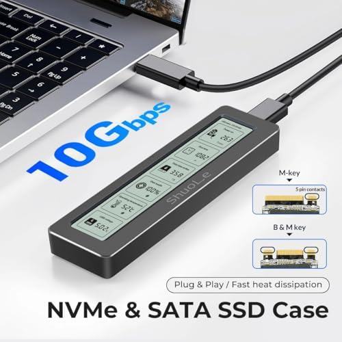 High-Speed Aluminum M.2 SSD Enclosure with LCD Display – USB 3.2 NVMe Adapter for 2242, 2260, 2280 SSDs, Enhanced Performance with UASP & Trim Support, Durable Heat-Dissipating Design for Gamers & Professionals