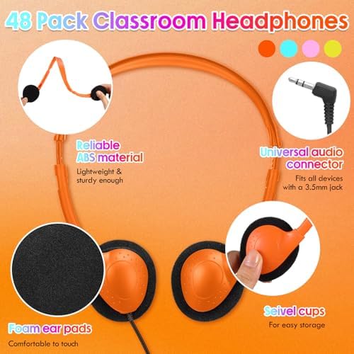 Ultimate Classroom Audio Solution: Frienda 48-Pack Over-Ear Headphones for Students and Adults – Wired Stereo Headset with Universal 3.5 mm Jack – Perfect for Schools, Libraries, and Travel – Noise-Isolating Design for Maximum Concentration and Comfort – Lightweight, Durable, Ideal for Long Listening Sessions