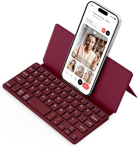 CACOE Ultra-Slim Foldable Wireless Keyboard with Integrated Stand – Dual-Channel QWERTY Design for Seamless Device Switching – Portable Mini Keyboard for Smartphones, Tablets, and Laptops – Stylish Wine Red Finish for Enhanced Productivity and Versatility