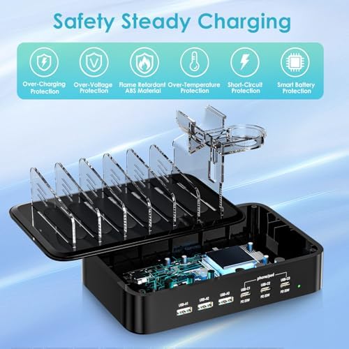 Ultimate 90 W Multi-Device Charging Station – 6-Port Organizer with 3 PD 20 W USB-C Fast Charge Capability for i Phones, i Pads, Tablets, Kindles, and More – Includes 6 Versatile Cables, Air Pods and Apple Watch Holders – Streamlined Design for Enhanced Efficiency and Space Management