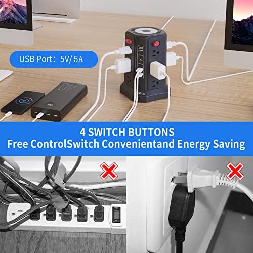 PASSUS Surge Protector Power Strip Tower with 12 AC Outlets and 5 High-Speed USB Ports – 10 FT Extension Cord with Overload Protection and Built-In Night Light for Home Office and Dorm Room – Sleek Black Design for Ultimate Charging Efficiency