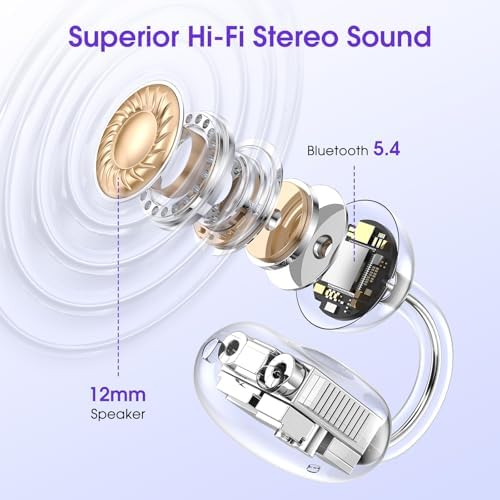 Lightweight Clip-On Bluetooth Earbuds with 50-Hour Battery Life – Waterproof Open-Ear Headphones for Sports and Workouts, Perfectly Designed for Glasses Wearers with Anti-Drop Technology and Seamless Connectivity