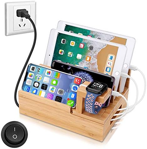 Eco-Friendly 5-Port USB Charging Station Organizer – Fast Charging Bamboo Dock for Multiple Devices, Compatible with Apple Watch, Samsung Phones & Tablets – Sleek, Space-Saving Design for Home and Office Use